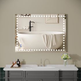 48X36 Inch Led-Lit Bathroom Mirror, Wall Mounted Anti-Fog Memory Rectangular Vanity Mirror With Tri-White Front Circular Light And Touch Sensor Dimmer