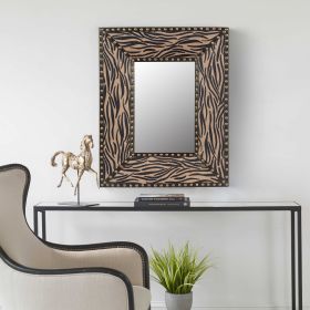Brown Zebra Rectangle Decorative Wall Hanging Mirror,Rivet Decoration,Fabric and PU Covered MDF Framed Mirror for Bedroom Living Room Vanity Entryway
