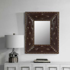 Brown Rectangle Decorative Wall Hanging Mirror,Rivet Decoration,PU Covered MDF Framed Mirror for Bedroom Living Room Vanity Entryway Wall Decor,21x26i