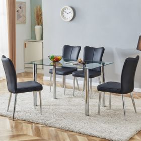 Table and chair set. 1 table and 4 black chairs. The thickness of the glass dining table top is 0.3 feet, with silver metal legs. Black PU leather bac