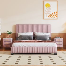 3-Pieces Bedroom Sets, Queen Size Upholstered Platform Bed with Two Nightstands, Nightstands with Marbling Worktop and Metal Legs&Handles, Velvet,Pink