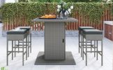 TOPMAX Patio 5-Piece Rattan Dining Table Set, PE Wicker Square Kitchen Table Set with Storage Shelf and 4 Padded Stools for Poolside, Garden, Gray Wic