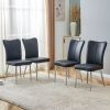 Table and chair set. 1 table and 4 black chairs. The thickness of the glass dining table top is 0.3 feet, with silver metal legs. Black PU leather bac