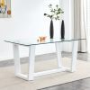 Table and chair set, rectangular dining table, equipped with 0.4 "tempered glass tabletop and white MDF trapezoidal support, paired with lattice armle