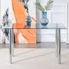 Table and chair set. 1 table and 4 black chairs. The thickness of the glass dining table top is 0.3 feet, with silver metal legs. Black PU leather bac