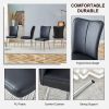 Table and chair set. 1 table and 4 black chairs. The thickness of the glass dining table top is 0.3 feet, with silver metal legs. Black PU leather bac