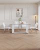 Table and chair set, rectangular dining table, equipped with 0.4 "tempered glass tabletop and white MDF trapezoidal support, paired with lattice armle