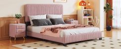 3-Pieces Bedroom Sets, Queen Size Upholstered Platform Bed with Two Nightstands, Nightstands with Marbling Worktop and Metal Legs&Handles, Velvet,Pink