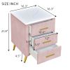 3-Pieces Bedroom Sets, Queen Size Upholstered Platform Bed with Two Nightstands, Nightstands with Marbling Worktop and Metal Legs&Handles, Velvet,Pink
