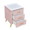 3-Pieces Bedroom Sets, Queen Size Upholstered Platform Bed with Two Nightstands, Nightstands with Marbling Worktop and Metal Legs&Handles, Velvet,Pink