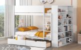 Full over Full Bunk Bed With 2 Drawers and Multi-layer Cabinet, White