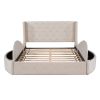 Upholstered Platform Bed Queen Size Storage Velvet Bed with Wingback Headboard and 1 Big Drawer,2 Side Storage Stool(Beige)