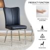 Table and chair set. 1 table and 4 black chairs. The thickness of the glass dining table top is 0.3 feet, with silver metal legs. Black PU leather bac