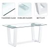 Table and chair set, rectangular dining table, equipped with 0.4 "tempered glass tabletop and white MDF trapezoidal support, paired with lattice armle