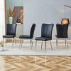 Table and chair set. 1 table and 4 black chairs. The thickness of the glass dining table top is 0.3 feet, with silver metal legs. Black PU leather bac