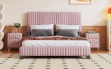 3-Pieces Bedroom Sets, Queen Size Upholstered Platform Bed with Two Nightstands, Nightstands with Marbling Worktop and Metal Legs&Handles, Velvet,Pink