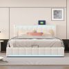 Queen Size Upholstered Platform Bed with Hydraulic Storage System, LED Light, and a set of USB Ports and Sockets, Linen Fabric, Beige
